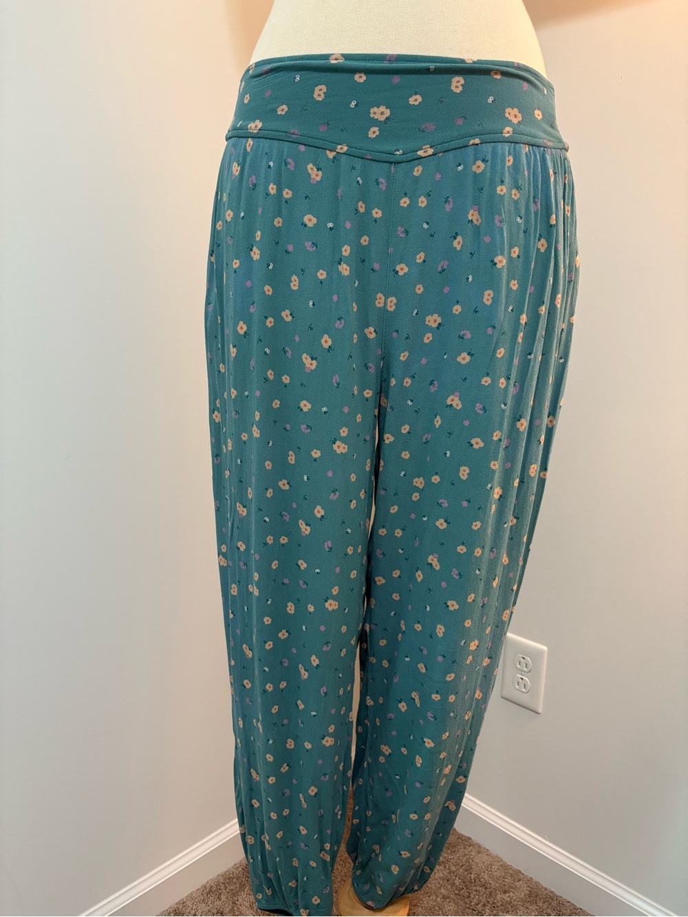 Teal Floral Wide-Leg Women's Pants